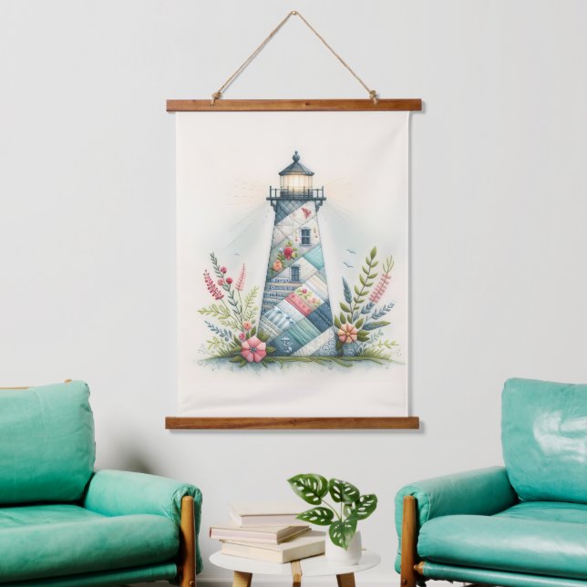 Tapisserie Suspendue Patchwork Lighthouse Coastal Floral Scene (Salon)