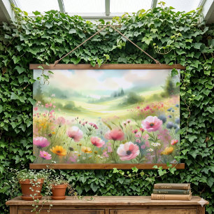Tapisserie Suspendue Paysage de prairie de fleurs sauvages pastel