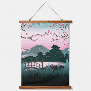 Tapisserie Suspendue Paysage japonais vertical de cerisier en fleurs se