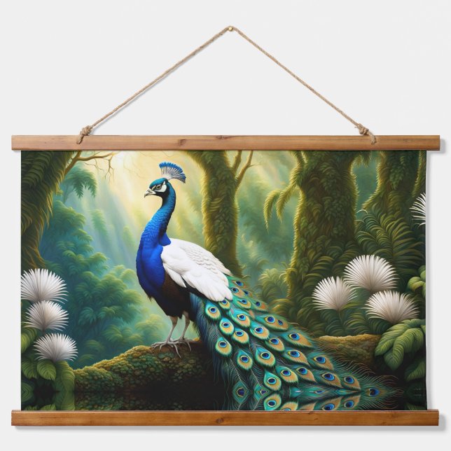 Tapisserie Suspendue Peacock blanc et bleu majestueux en forêt (Devant)
