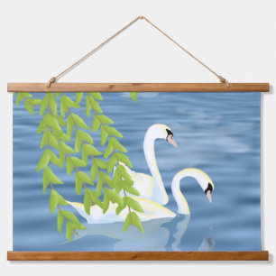 Tapisserie Suspendue Peinture Couple bleu et vert de cygnes sur le lac