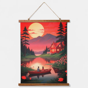 Tapisserie Suspendue Peinture de coucher de soleil avec cottage-66635
