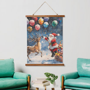 Tapisserie Suspendue Père Noël aquarelle festive Renne Ballon coloré