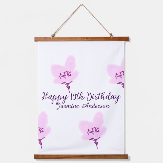 Tapisserie Suspendue Pink mauve floral 15th birthday quinceanera name d (Recto)