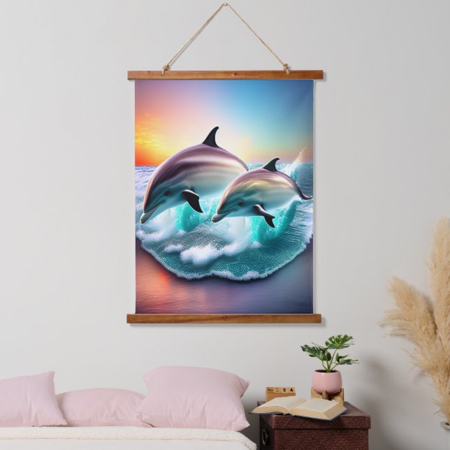 Tapisserie Suspendue Plage tropicale des Dolphins 3D Ocean Sunset Vibe (Chambre à coucher)