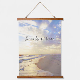 Tapisserie Suspendue Plage Vibes Ocean Waves Sunset Wood Scroll Bannièr