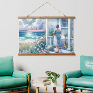 Tapisserie Suspendue Porche de cottage Lune près de la mer