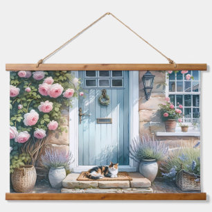 Tapisserie Suspendue Porche florale de Cottagecore avec Calico Cat