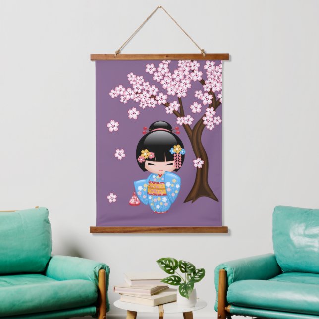 Tapisserie Suspendue Poupée Maiko Kokeshi - Blue Kimono Geisha Girl (Salon)