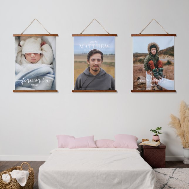 Tapisserie Suspendue Pour toujours dans nos coeurs Nom 3 Photo Mémorial (Chambre à coucher)