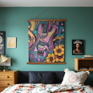 Tapisserie Suspendue Psychédélique rose guitare Fleurs Jaunes Ciel Turq