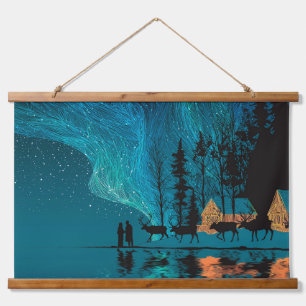 Tapisserie Suspendue Reindeer, cabine, Northern Lights par un lac d'hiv