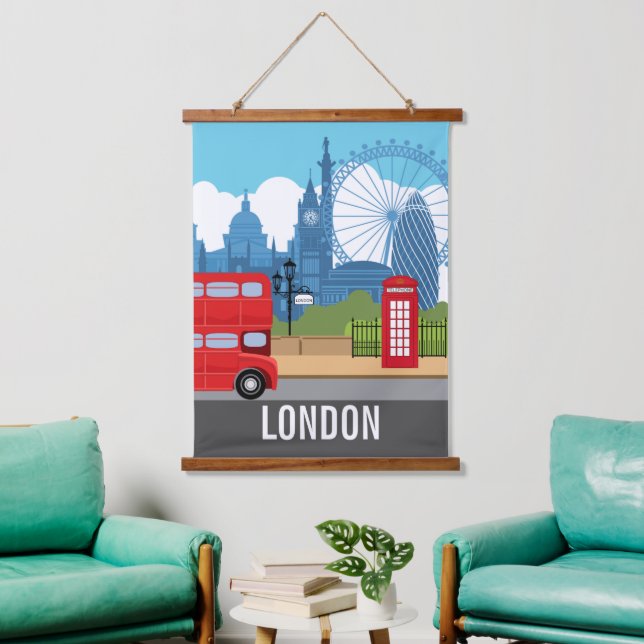 Tapisserie Suspendue Retro London travel print – Iconic Landmarks (Salon)