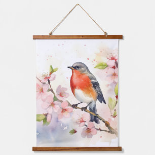 Tapisserie Suspendue Robin d'aquarelle sur la branche de fleur de ceris