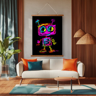 Tapisserie Suspendue Robot d'art Pop Neon : Joueur et futuriste
