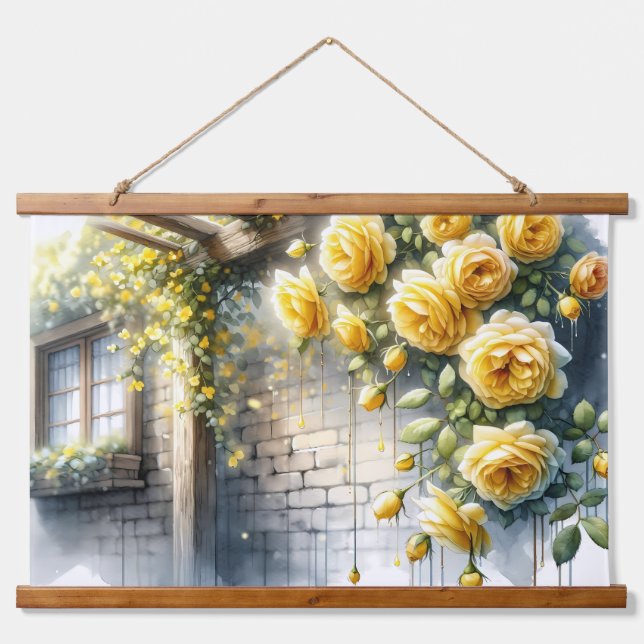 Tapisserie Suspendue Roses d'or sur le mur en pierre rustique (Devant)