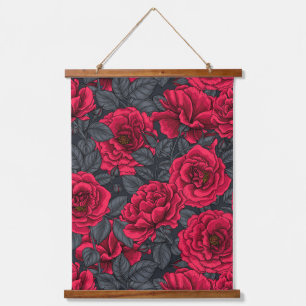 Tapisserie Suspendue Roses rouges avec feuilles gris