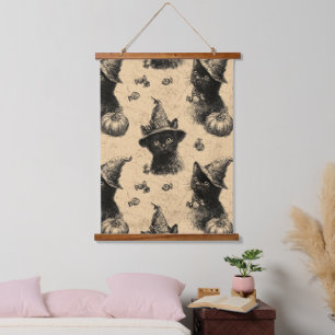 Tapisserie Suspendue Rustique Vintage Chat Noir Sorcière Halloween Moti