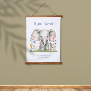 Tapisserie Suspendue Safari Jungle Cute Elephant Blue Orange Fleurs