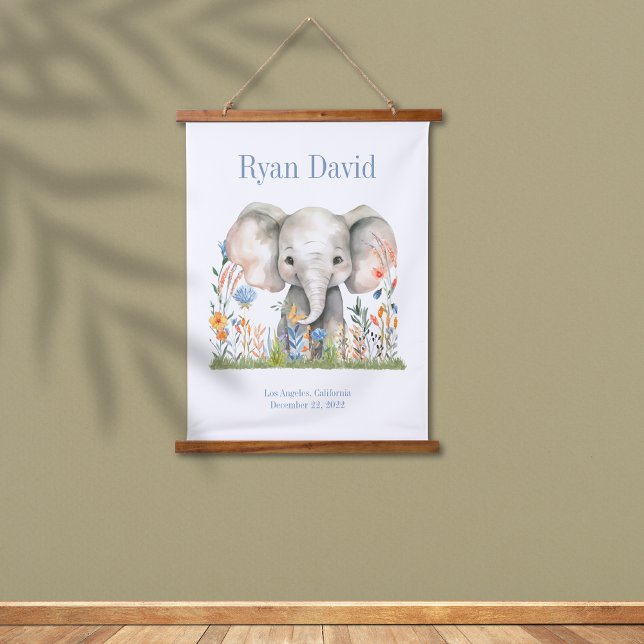 Tapisserie Suspendue Safari Jungle Cute Elephant Blue Orange Fleurs (Safari Jungle Watercolor Elephant Blue Orange Flowers Birthday Poster)