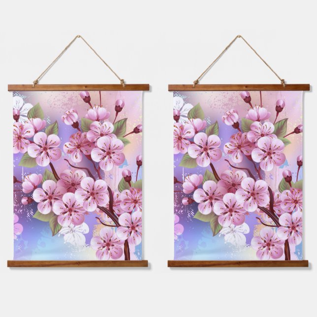 Tapisserie Suspendue Sakura rose sur la peinture Arrière - plan (Double)