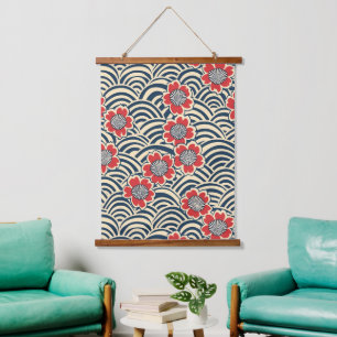Tapisserie Suspendue Sakura Rouge Crème Navy Wave Motif Japonais