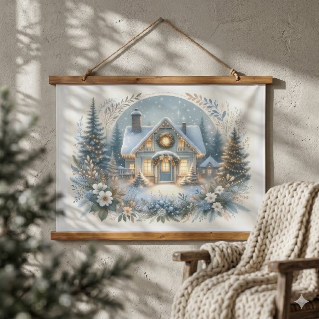 Tapisserie Suspendue Scène de cabane enneigée lumineuse (Snowy Cottage Glow Scene Hanging Tapestry)