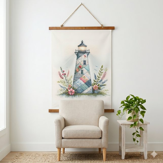 Tapisserie Suspendue Scène florale côtière du phare patchwork (Patchwork Lighthouse Coastal Floral Scene Hanging Tapestry)