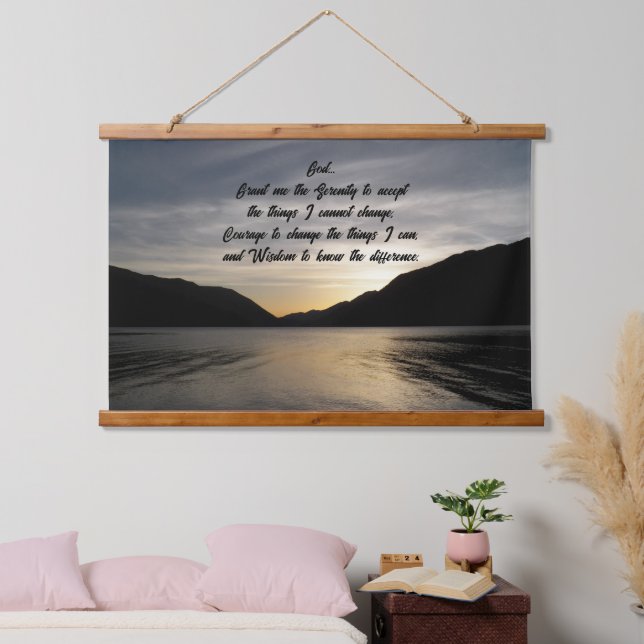 Tapisserie Suspendue Serenity Prayer Lac Sunset Silhouette Photo (Chambre à coucher)