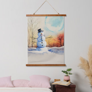 Tapisserie Suspendue Snowman souriant dans une aquarelle au coucher du 