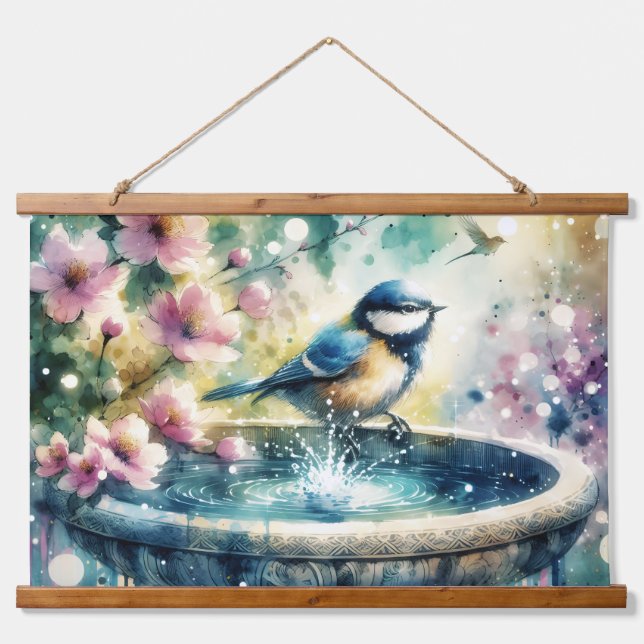 Tapisserie Suspendue Spring Bird Bath Watercolor  (Devant)