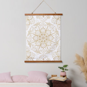 Tapisserie Suspendue Style Boho Blanc Or Mandala Floral