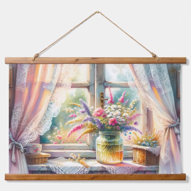 Tapisserie Suspendue Sunlit Cottage Window Wildflowers (Devant)