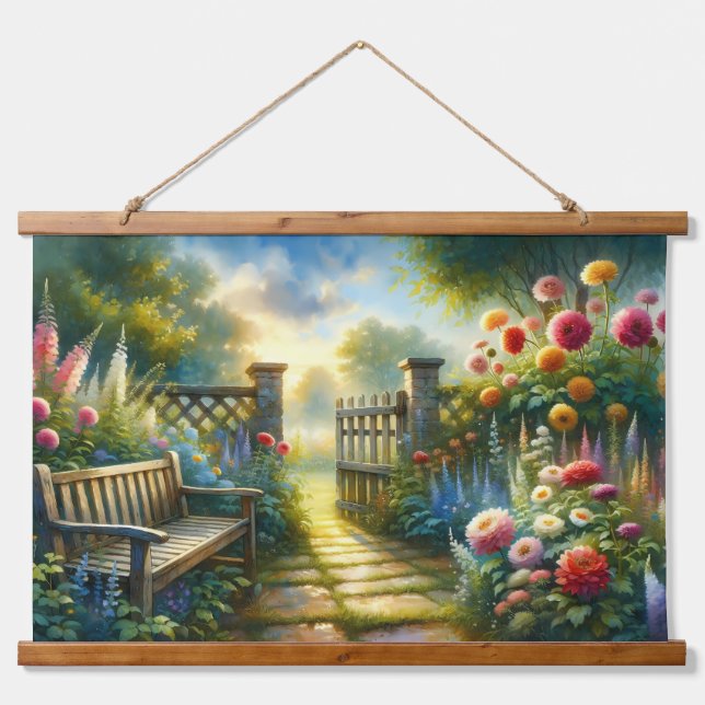 Tapisserie Suspendue Sunlit Garden Pathway Gate Scene (Devant)