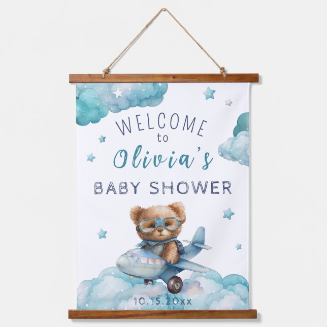Tapisserie Suspendue Teddy Bear Plane Bearly Wait Baby shower bienvenue (Recto)