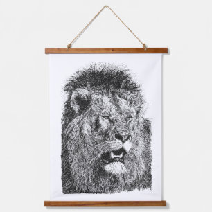 Tapisserie Suspendue Tête de lion noir blanc Art faunique dessiné à la