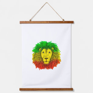 Tapisserie Suspendue Tête de lion Rasta rouge jaune vert dessin Jamaïqu