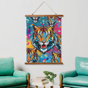 Tapisserie Suspendue Tête de tigre couleurs arc-en-ciel peinture taches