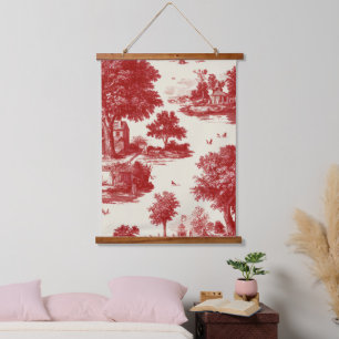 Tapisserie Suspendue Toile de Jouy rouge française motif champêtre past