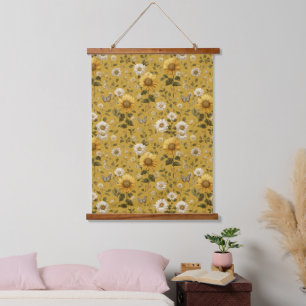 Tapisserie Suspendue Tournesols et papillons sur fond jaune