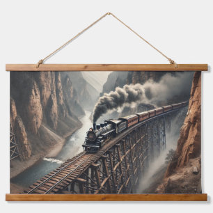 Tapisserie Suspendue Train à vapeur vintage traversant un canyon majest