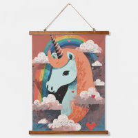 Unicorne sous arc-en-ciel et parmi les coeurs
