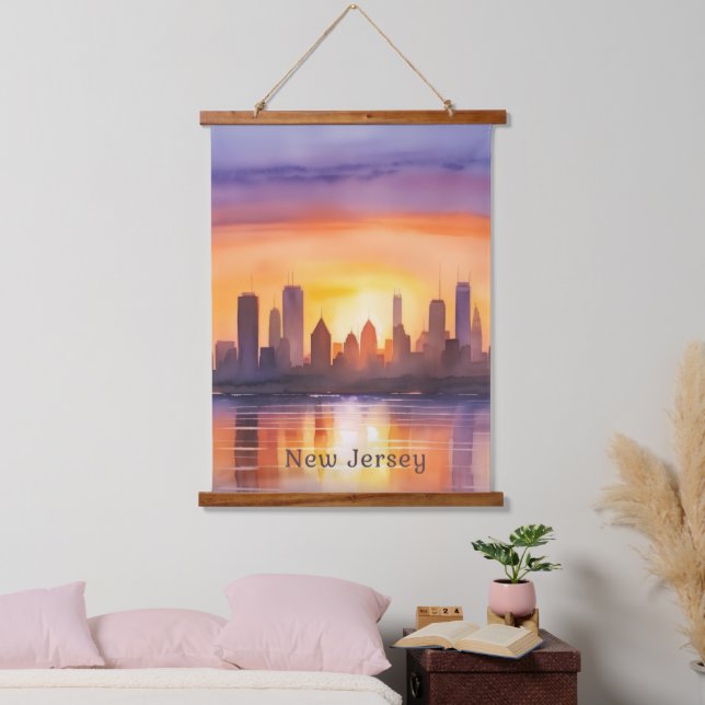 Tapisserie Suspendue Vibrant New Jersey Watercolor Sunset Art (Chambre à coucher)