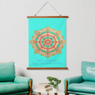 Tapisserie Suspendue Vibrant or Turquoise bleu et corail Aum Mandala