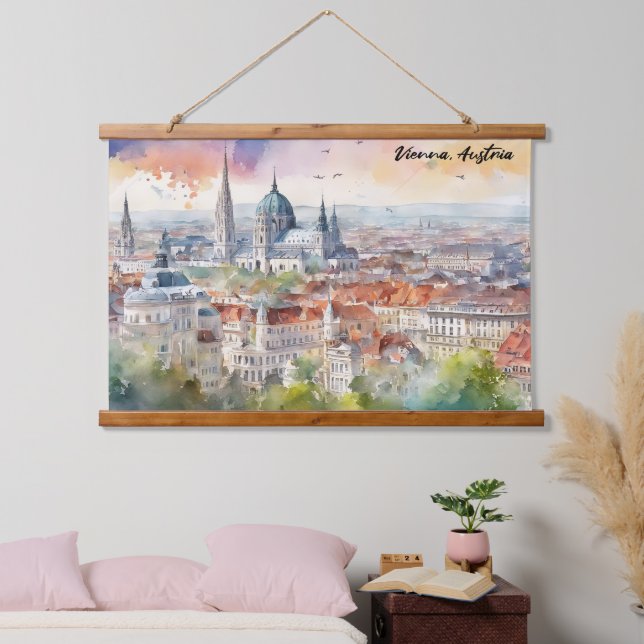 Tapisserie Suspendue Vienna Austria Watercolor Painting Panorama View  (Chambre à coucher)