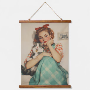 Tapisserie Suspendue Vintage fille avec chat