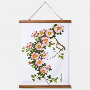 Tapisserie Suspendue Vintage fleurs de cerises japonaises, rose et or