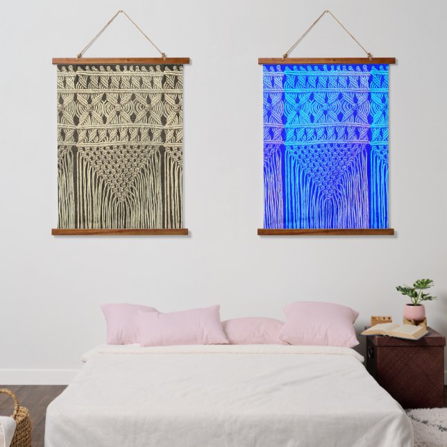 Tapisserie Suspendue vintage look Macramé - bleu violet&sépia (Chambre à coucher)