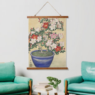 Tapisserie Suspendue Vintage Ohara Koson Azalée dans un Pot Bleu Art