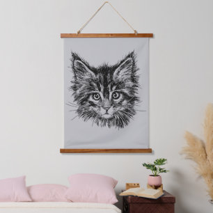 Tapisserie Suspendue Visage de Kitten noir et blanc sur gris